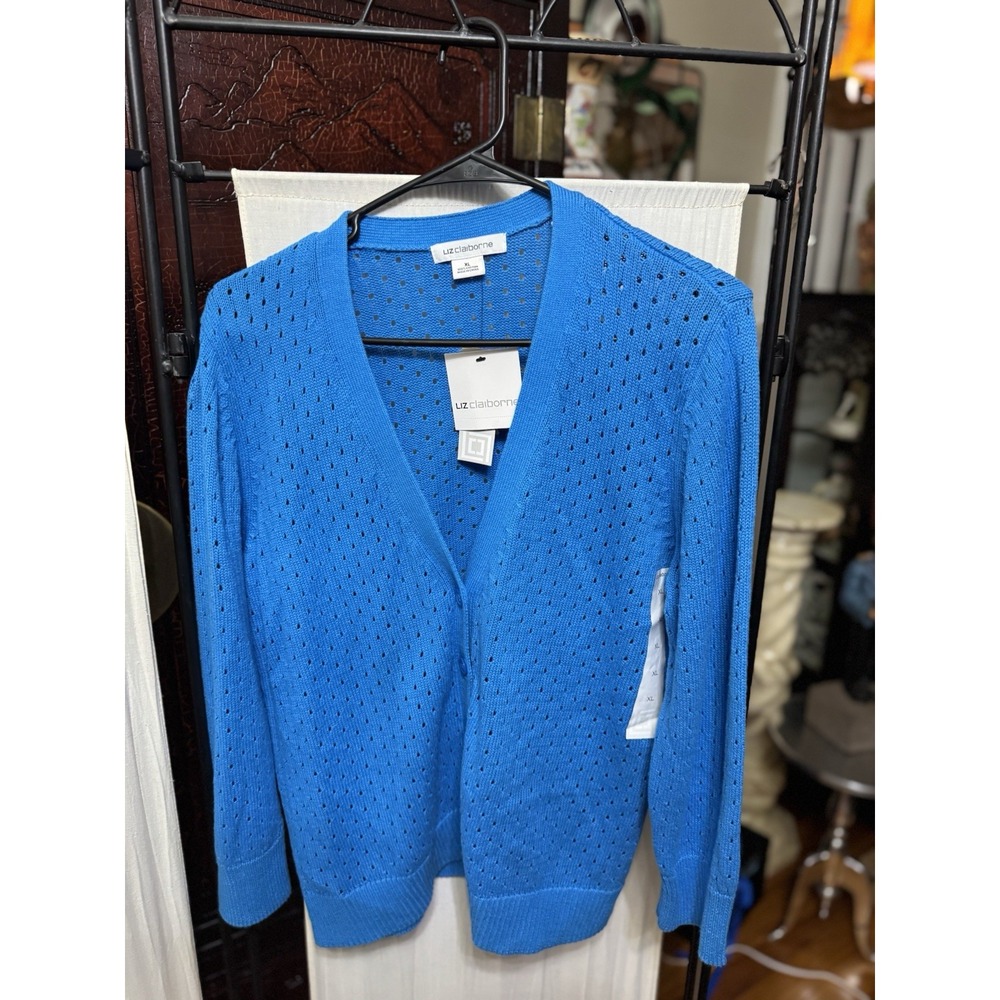 NWT Liz Claiborne Women's XL Bombay Blue Pointelle Cardigan 100% Cotton